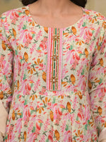Thumbnail for Yufta Pink Leaf Print Zari Work Anarkali Kurta Trouser With Dupatta Set - Distacart