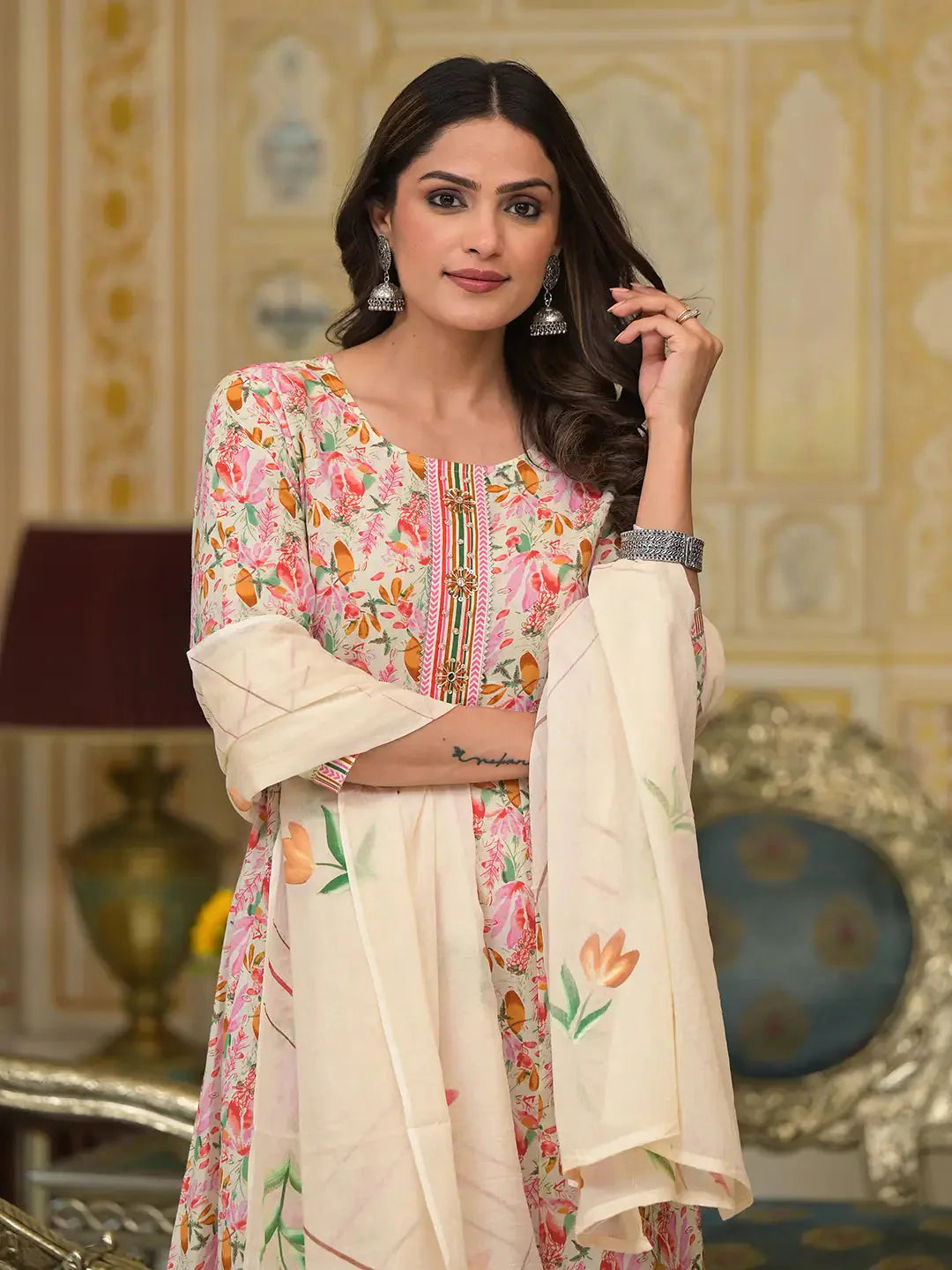 Yufta Pink Leaf Print Zari Work Anarkali Kurta Trouser With Dupatta Set - Distacart