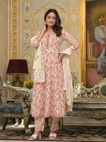 Thumbnail for Yufta Pink Leaf Print Zari Work Anarkali Kurta Trouser With Dupatta Set - Distacart