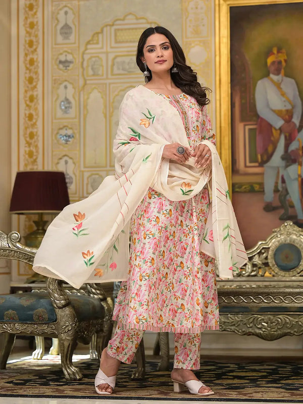 Yufta Pink Leaf Print Zari Work Anarkali Kurta Trouser With Dupatta Set - Distacart