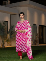 Thumbnail for Yufta Pink Leheriya Print Poly Georgette Straight Suit Set