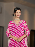 Thumbnail for Yufta Pink Leheriya Print Poly Georgette Straight Suit Set