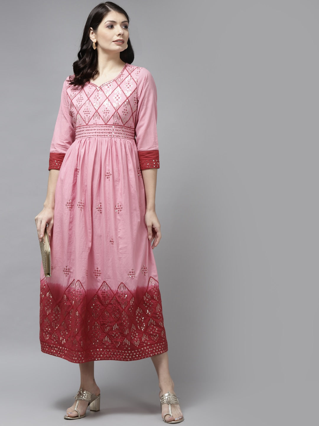 Yufta Pink & Maroon Ethnic Dress - Distacart
