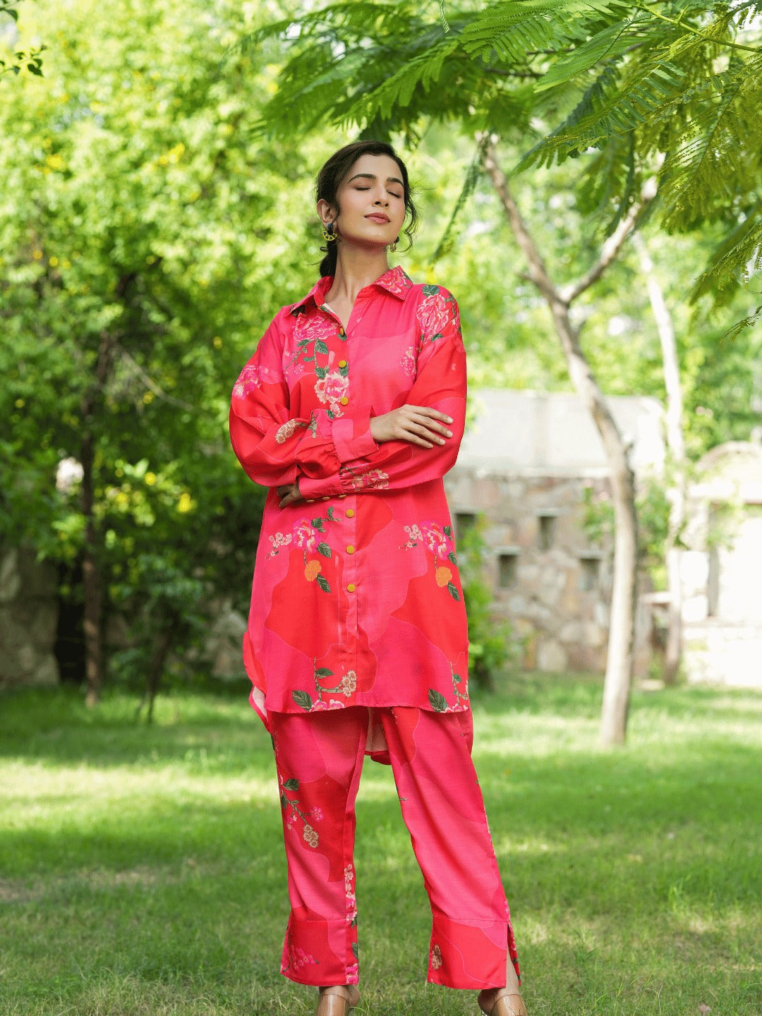 Yufta Pink Printed Shirt with Trousers Co-Ords - Distacart