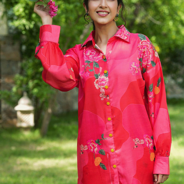 Yufta Pink Printed Shirt with Trousers Co-Ords - Distacart