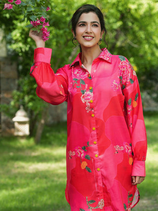 Yufta Pink Printed Shirt with Trousers Co-Ords - Distacart