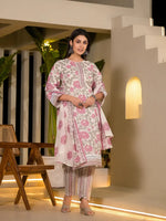 Thumbnail for Yufta Pink Pure Cotton Floral Print Kurta With Trousers And Dupatta Set