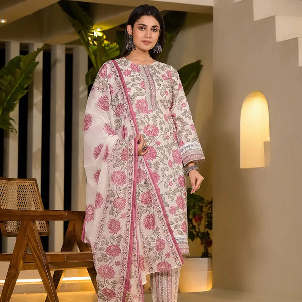 Yufta Pink Pure Cotton Floral Print Kurta With Trousers And Dupatta Set - Distacart