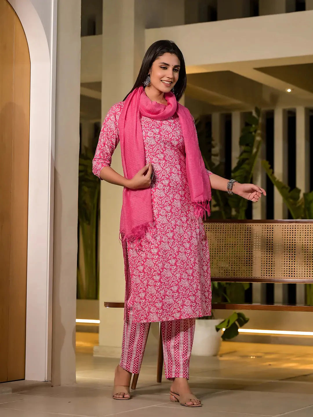Yufta Pink Pure Cotton Floral Print Straight Kurta With Trousers And Dupatta Set - Distacart