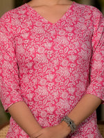 Thumbnail for Yufta Pink Pure Cotton Floral Print Straight Kurta With Trousers And Dupatta Set