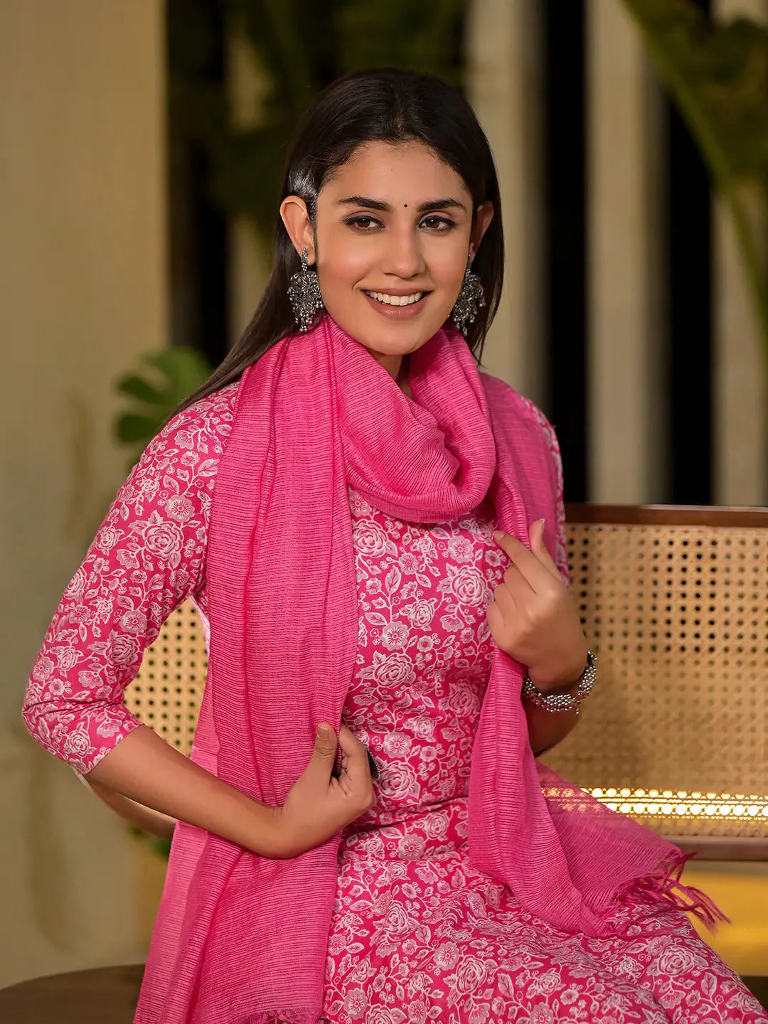 Yufta Pink Pure Cotton Floral Print Straight Kurta With Trousers And Dupatta Set