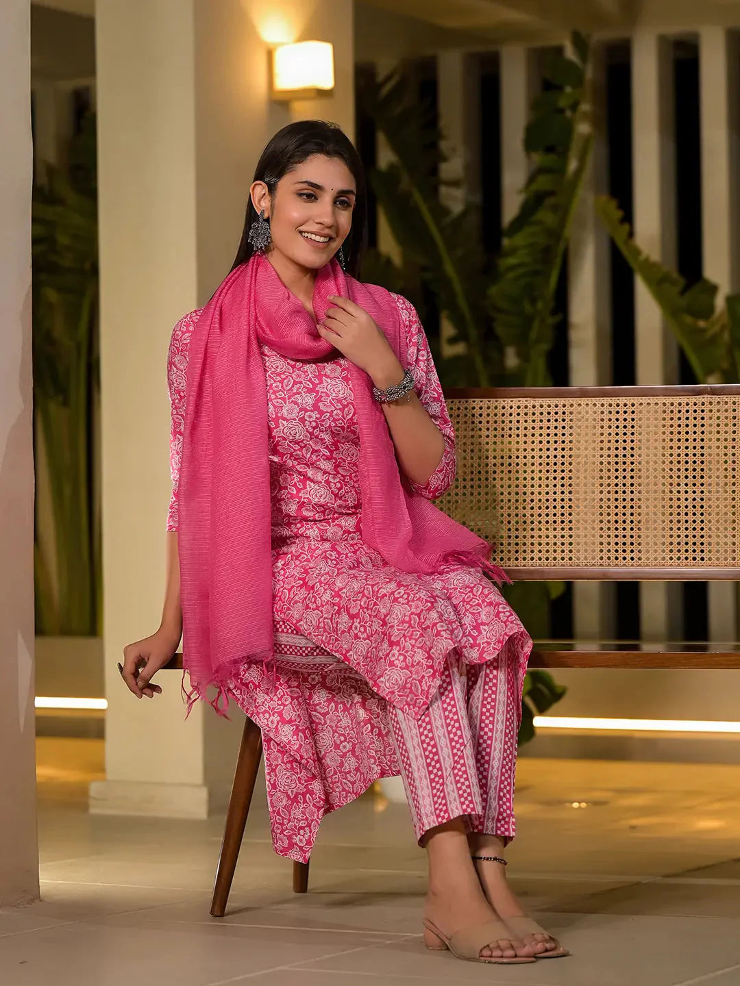 Yufta Pink Pure Cotton Floral Print Straight Kurta With Trousers And Dupatta Set
