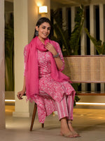 Thumbnail for Yufta Pink Pure Cotton Floral Print Straight Kurta With Trousers And Dupatta Set