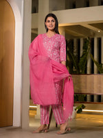 Thumbnail for Yufta Pink Pure Cotton Floral Print Straight Kurta With Trousers And Dupatta Set