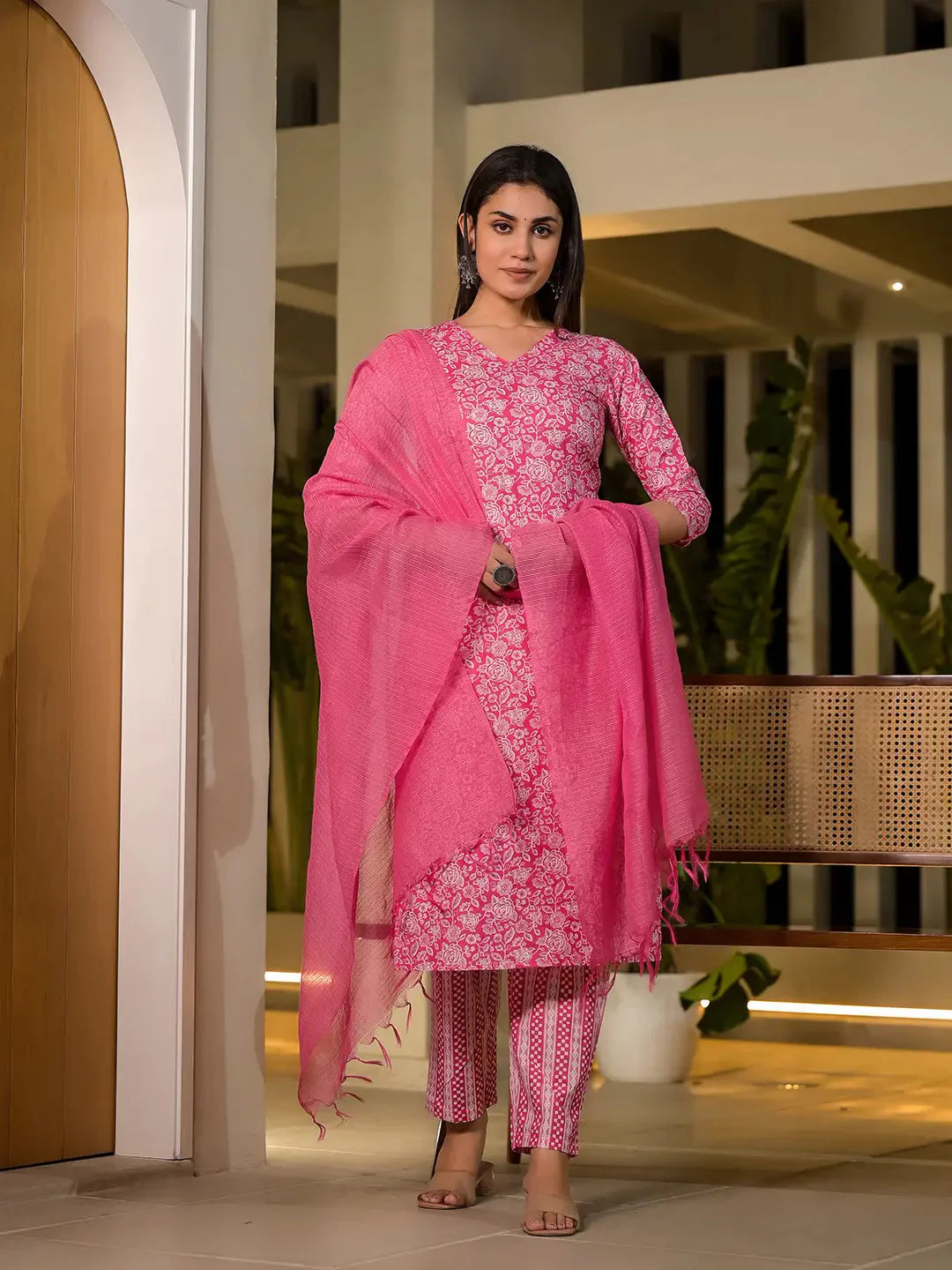 Yufta Pink Pure Cotton Floral Print Straight Kurta With Trousers And Dupatta Set - Distacart
