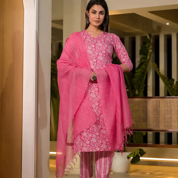 Yufta Pink Pure Cotton Floral Print Straight Kurta With Trousers And Dupatta Set - Distacart