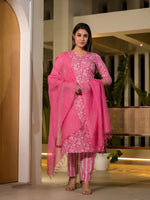 Thumbnail for Yufta Pink Pure Cotton Floral Print Straight Kurta With Trousers And Dupatta Set