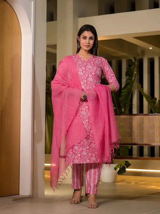 Yufta Pink Pure Cotton Floral Print Straight Kurta With Trousers And Dupatta Set