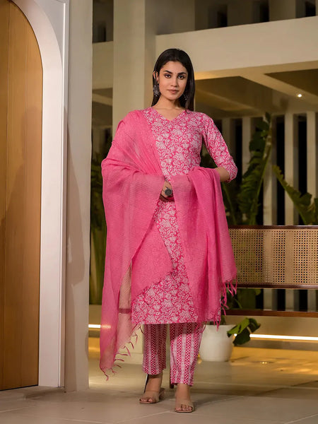 Yufta Pink Pure Cotton Floral Print Straight Kurta With Trousers And Dupatta Set