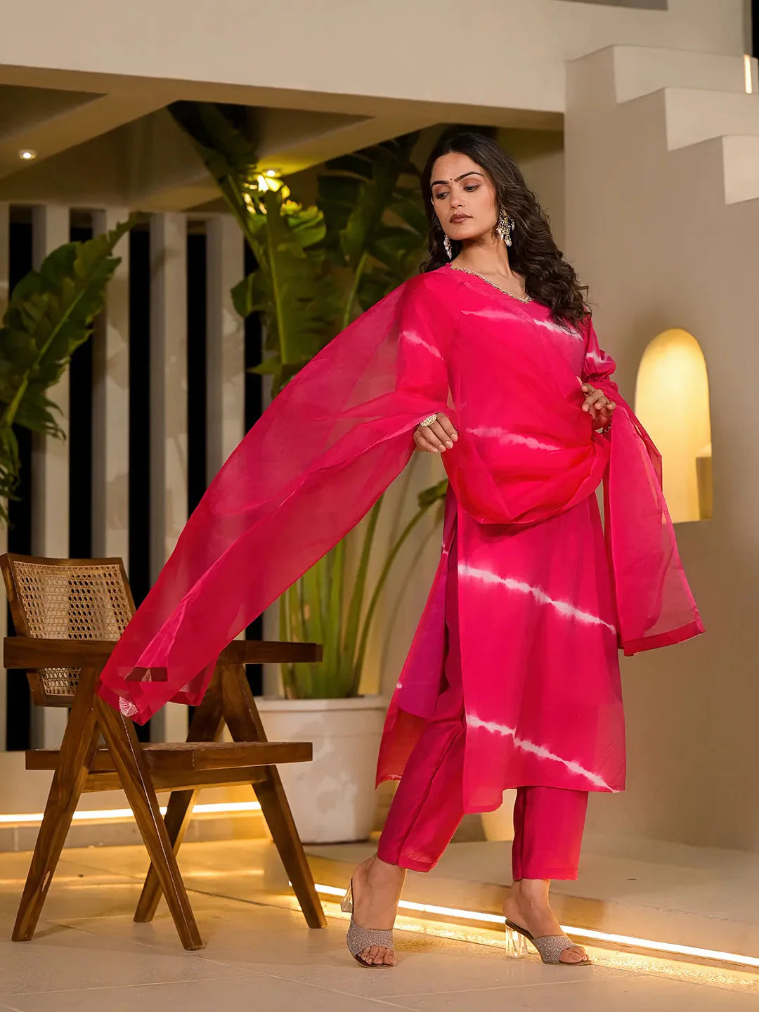 Yufta Pink Tie And Dye Chanderi Silk Kurta With Trousers With Dupatta Set - Distacart