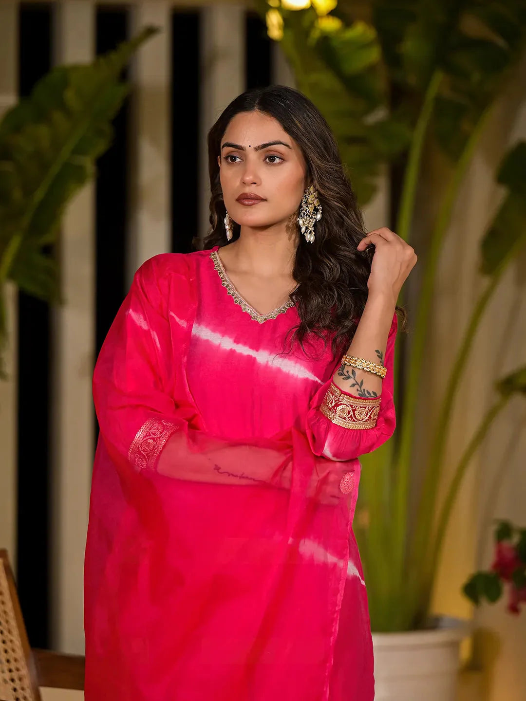 Yufta Pink Tie And Dye Chanderi Silk Kurta With Trousers With Dupatta Set