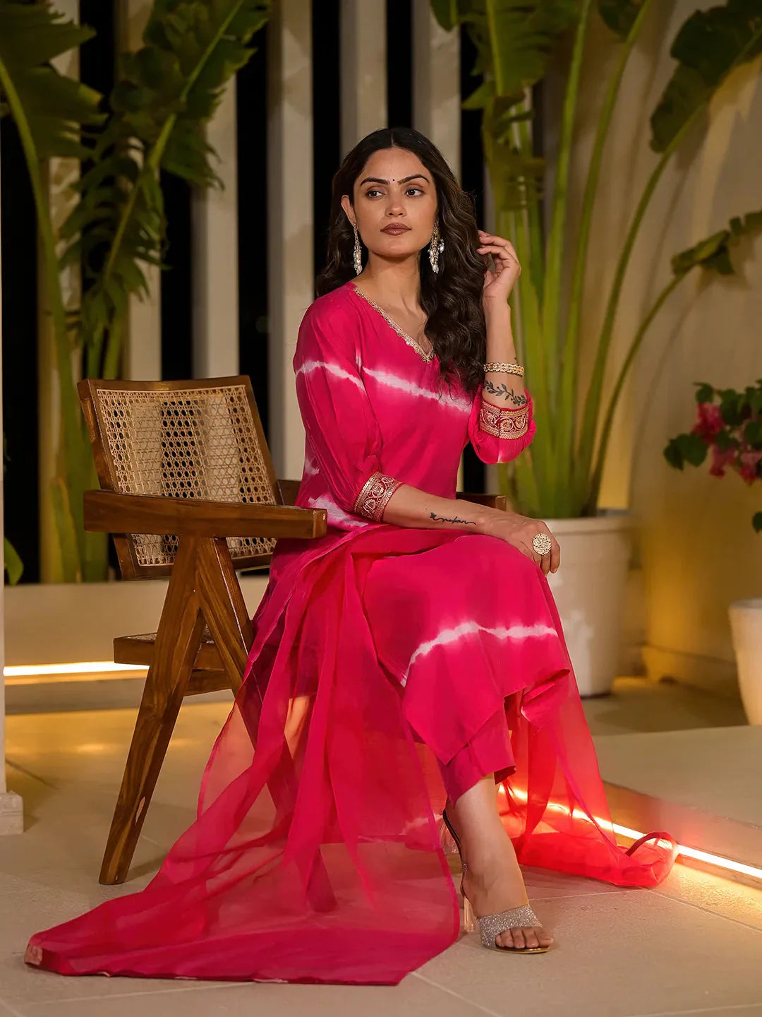 Yufta Pink Tie And Dye Chanderi Silk Kurta With Trousers With Dupatta Set