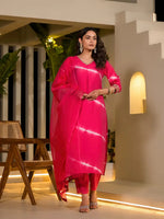 Thumbnail for Yufta Pink Tie And Dye Chanderi Silk Kurta With Trousers With Dupatta Set