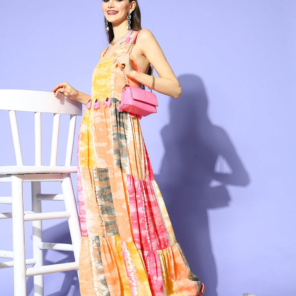 Yufta Pink & Yellow Ethnic Maxi Dress - Distacart