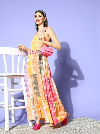 Yufta Pink & Yellow Ethnic Maxi Dress - Distacart