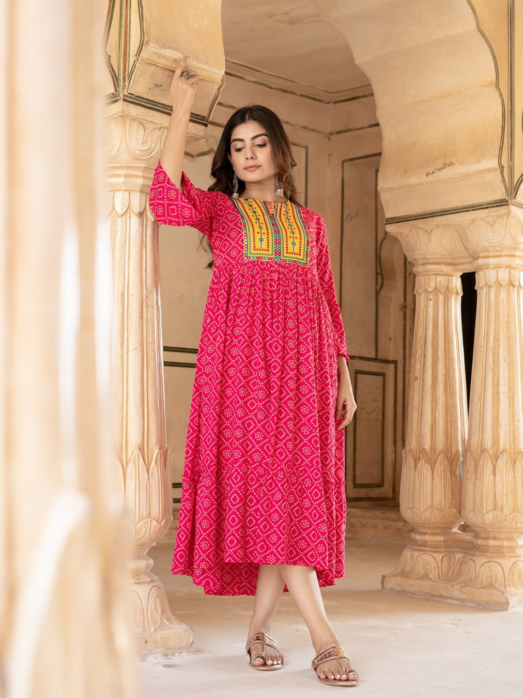 Yufta Pink & Yellow Ethnic Motifs Ethnic Dress - Distacart