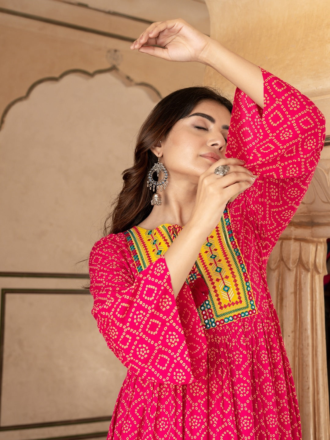Yufta Pink & Yellow Ethnic Motifs Ethnic Dress - Distacart