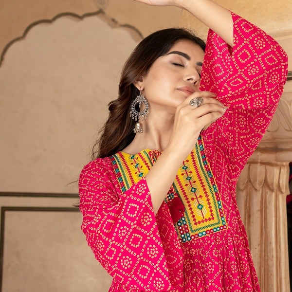 Yufta Pink & Yellow Ethnic Motifs Ethnic Dress - Distacart