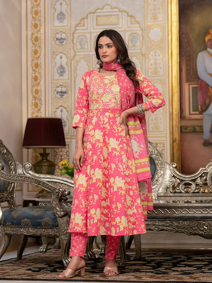 Yufta Pink Zari_Work Kurta Pant Dupatta Set - Distacart