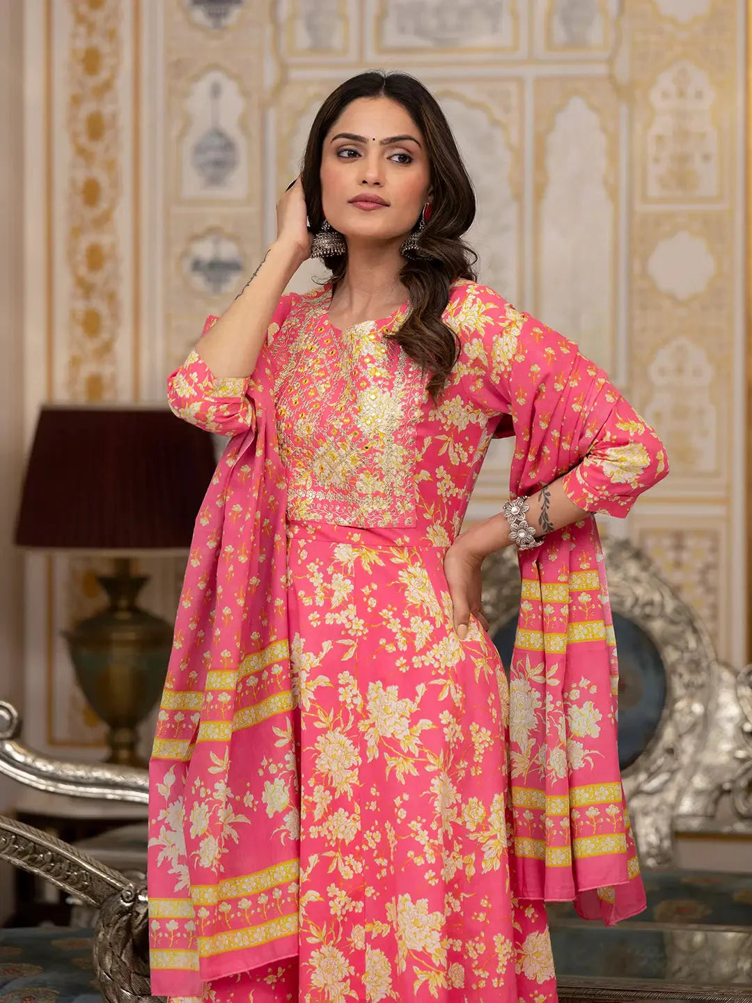 Yufta Pink Zari_Work Kurta Pant Dupatta Set