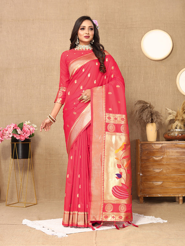 Lorenvalley Fashion Pink Soft Paithani Silk Woven Design Rich Zari Meenakari Weaving Saree - Distacart