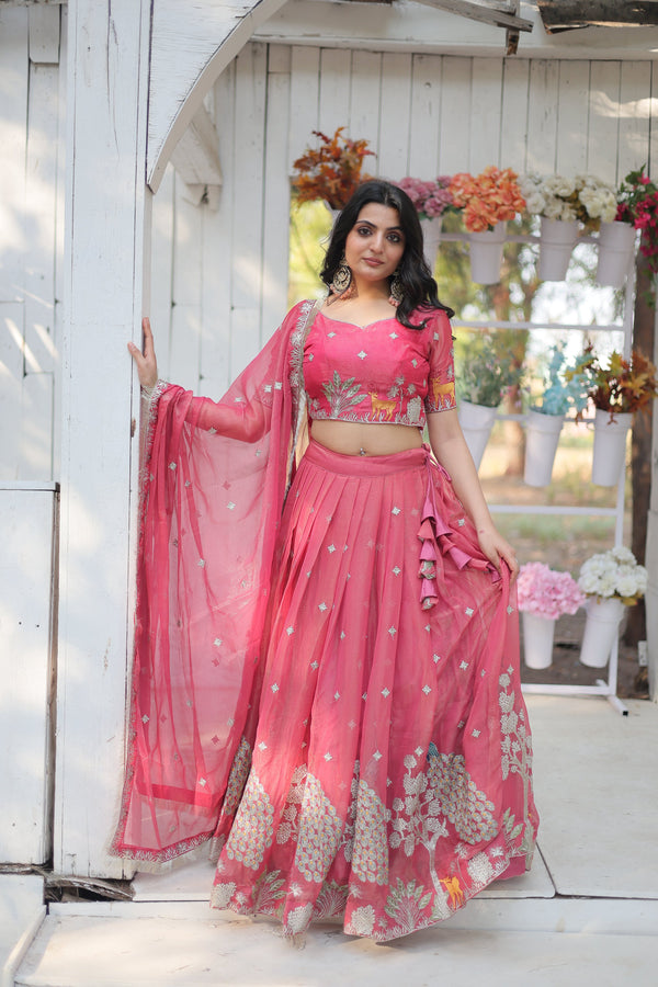 Lorenvalley Pink Gold Coin Fabric with Sequins and Thread Embroidered work Lehenga Choli with Dupatta - Distacart