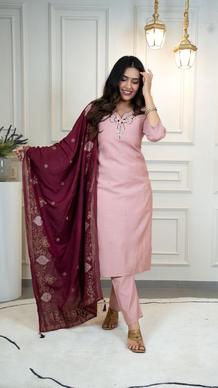 Lorenvalley Fashion Pink Roman Silk Hand Work Kurta Pant with Dupatta
