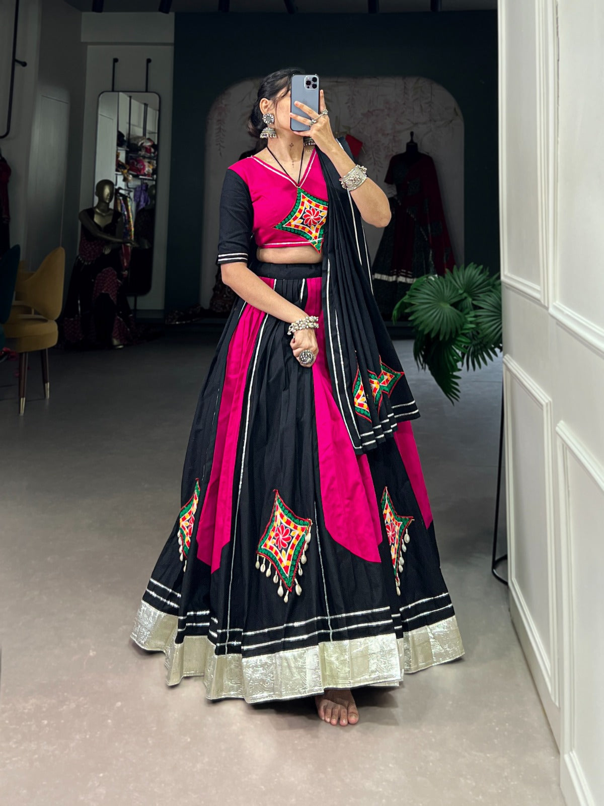 Lorenvalley Pink and Black Plain With Gamthi Patch Work & Gota Patti Lace also cowrie (kodi) lace touch up Lehenga Choli - Distacart