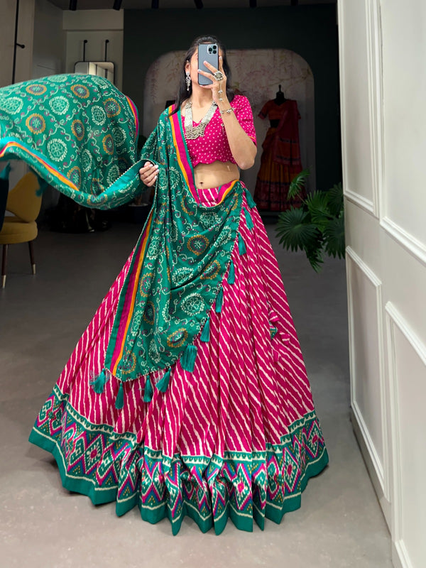 Lorenvalley Pink Tussar Silk Lehenga Leheriya Patola Print Border With Choli Bandhej Print With Bandhej Print Gotta Patti Lace Border Dupatta - Distacart