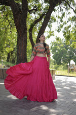 Thumbnail for Lorenvalley Pink Premium Rayon Lehenga with Georgette Embroidered Traditional Thread work Choli - Distacart