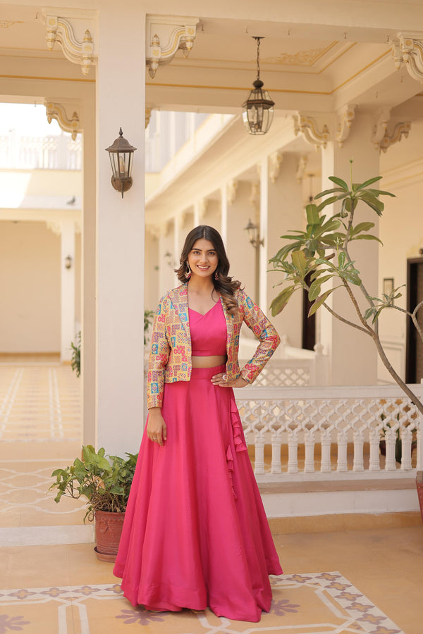 Lorenvalley Pink Premium Chinnon Lehenga Choli with Jacquard Woven Design Koti - Distacart