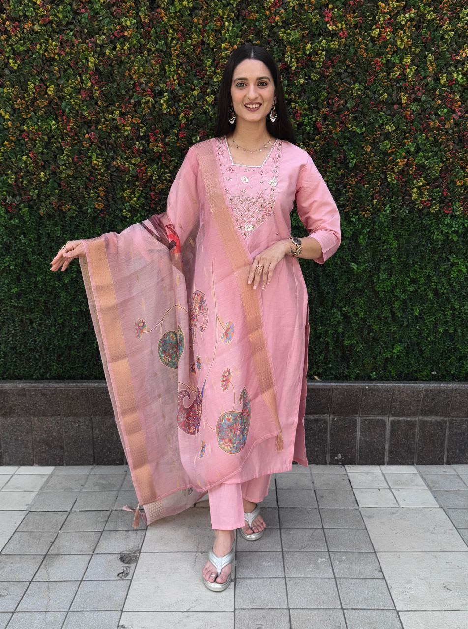 Lorenvalley Fashion Pink Roman Silk Hand Work Kurta Pant with Dupatta