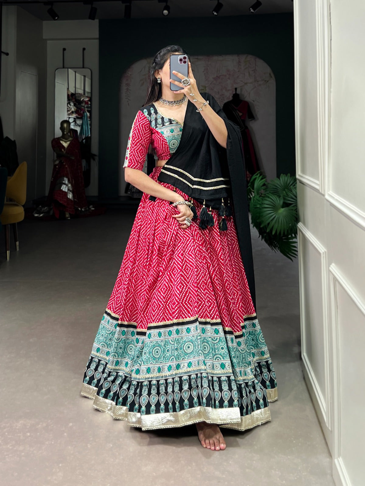 Lorenvalley Pink Rayon with Bandhej And Ajarakh Print With Embossed Design Gota Lace Touch up Lehenga Choli - Distacart
