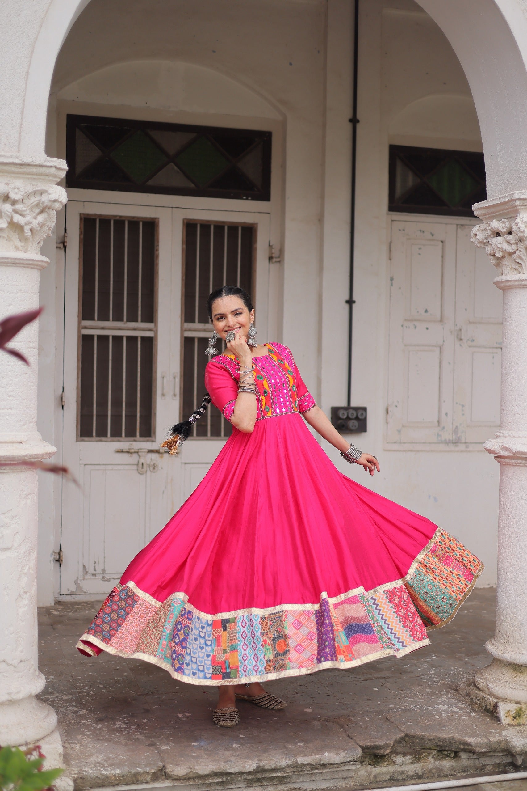Lorenvalley Fashion Pink Roman Silk with Thread with mirror work & Maslin Crochet Print Work Gown