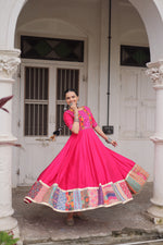 Thumbnail for Lorenvalley Fashion Pink Roman Silk with Thread with mirror work & Maslin Crochet Print Work Gown