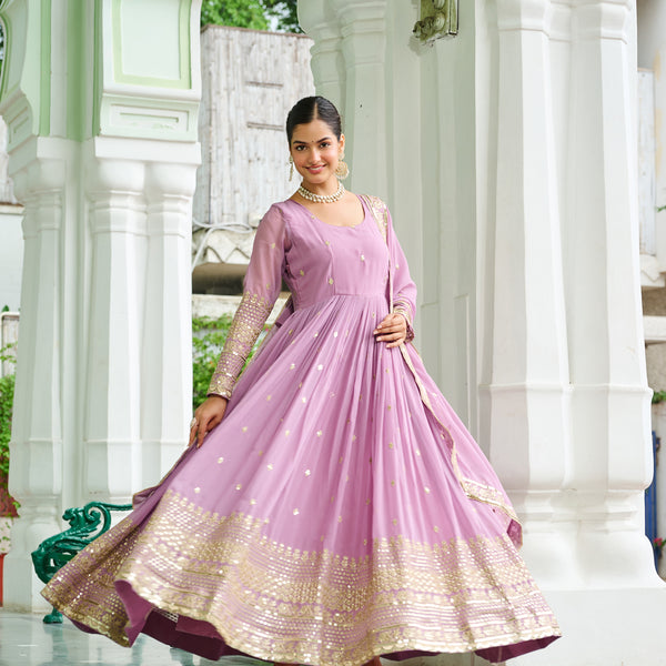 Lorenvalley Fashion Pink Faux Georgette with Embroidered work Anarkali Gown with Dupatta