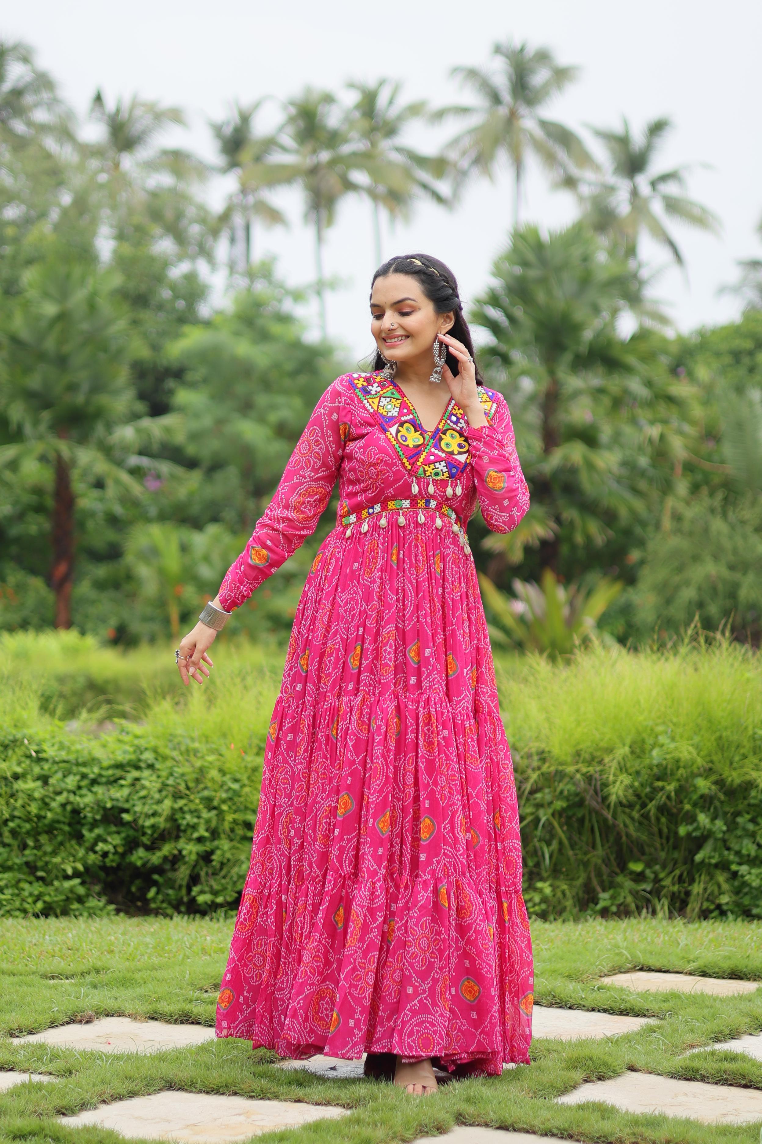 Lorenvalley Pink Faux Georgette Bandhani Print Work With Kutchi Patch Work Gown - Distacart