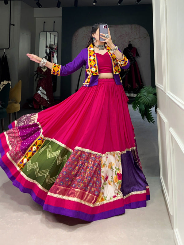 Lorenvalley Pink Pure Rayon with Plain With Printed And Gamthi Patch Work With Lace Touch Up Lehenga Choli - Distacart