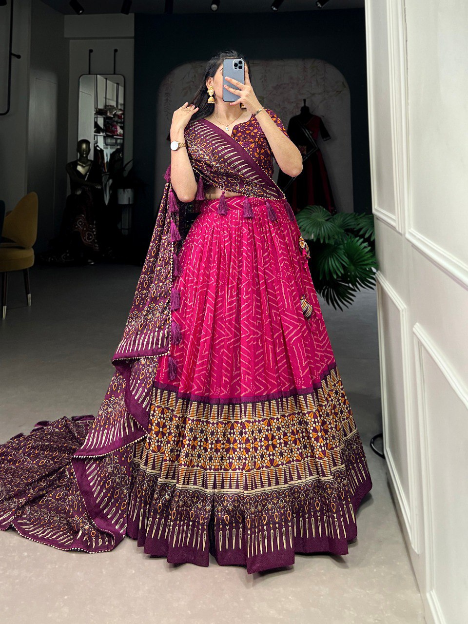 Lorenvalley Pink Tussar Silk Bandhej And Ajarakh Print Lehenga Choli with Dupatta - Distacart