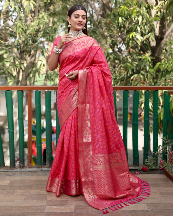 Lorenvalley Premium Bandhej Patola Silk Sarees with kanchi Borders and Contrast Zari Weaving borders Saree - Pink - Distacart